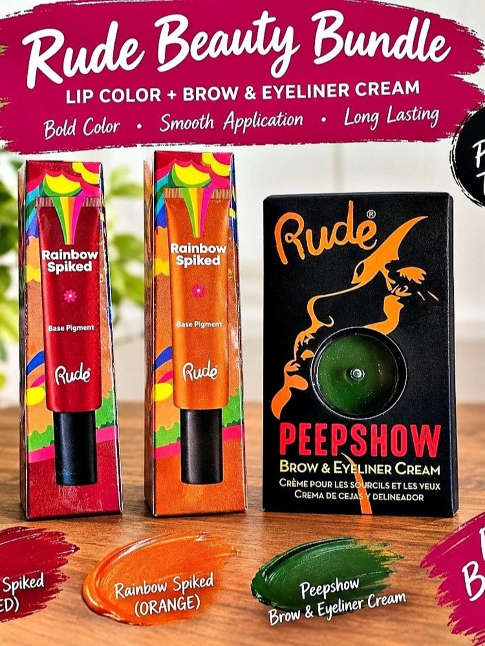 Rude Rainbow Spiked Base Pigment and Peepshow Brow & Eyeliner Cream bundle